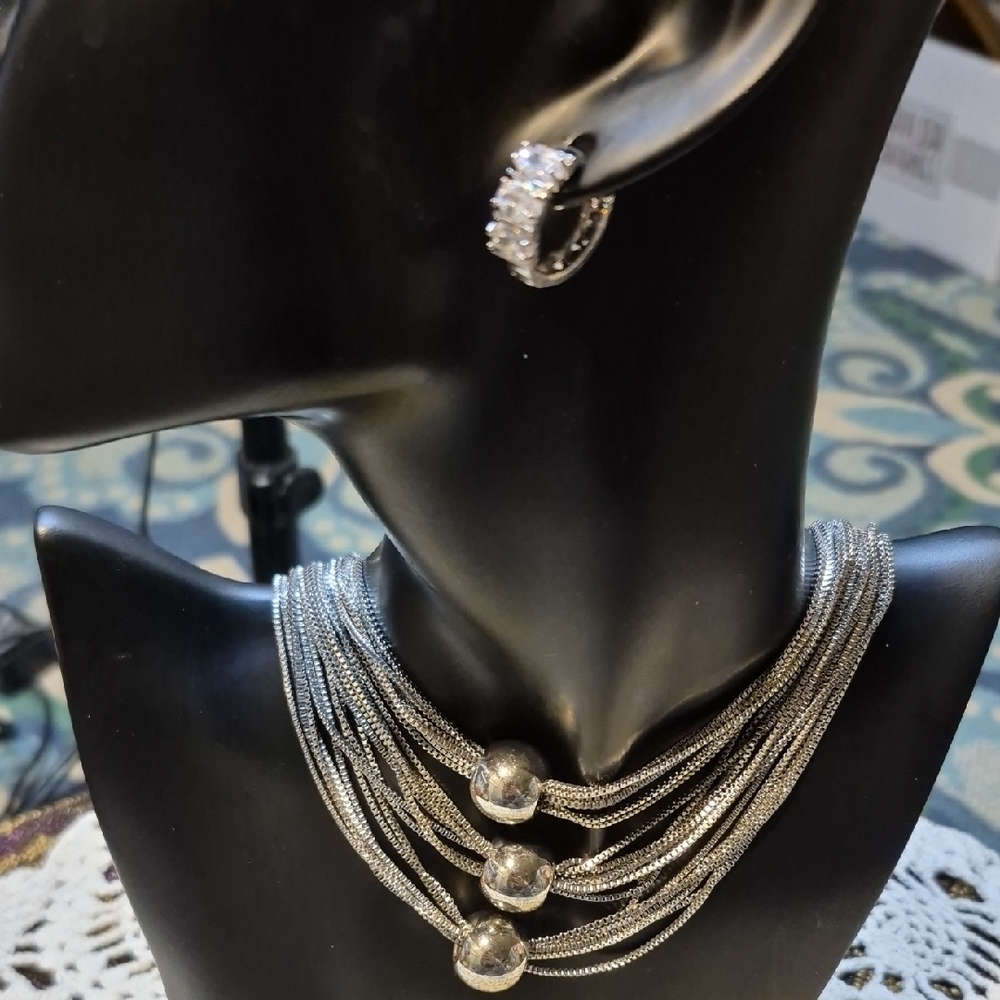 Elegant Silver Tone Multi-Strand Necklace and Rhinestone Earring Set